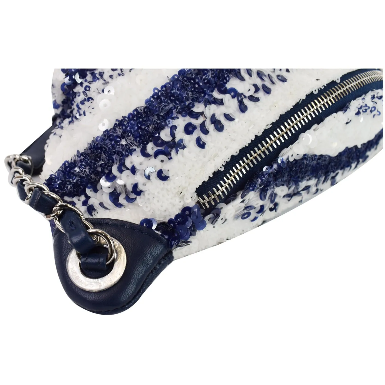 CHANEL Sequin Fanny Pack Leather Waist Bag Blue/White
