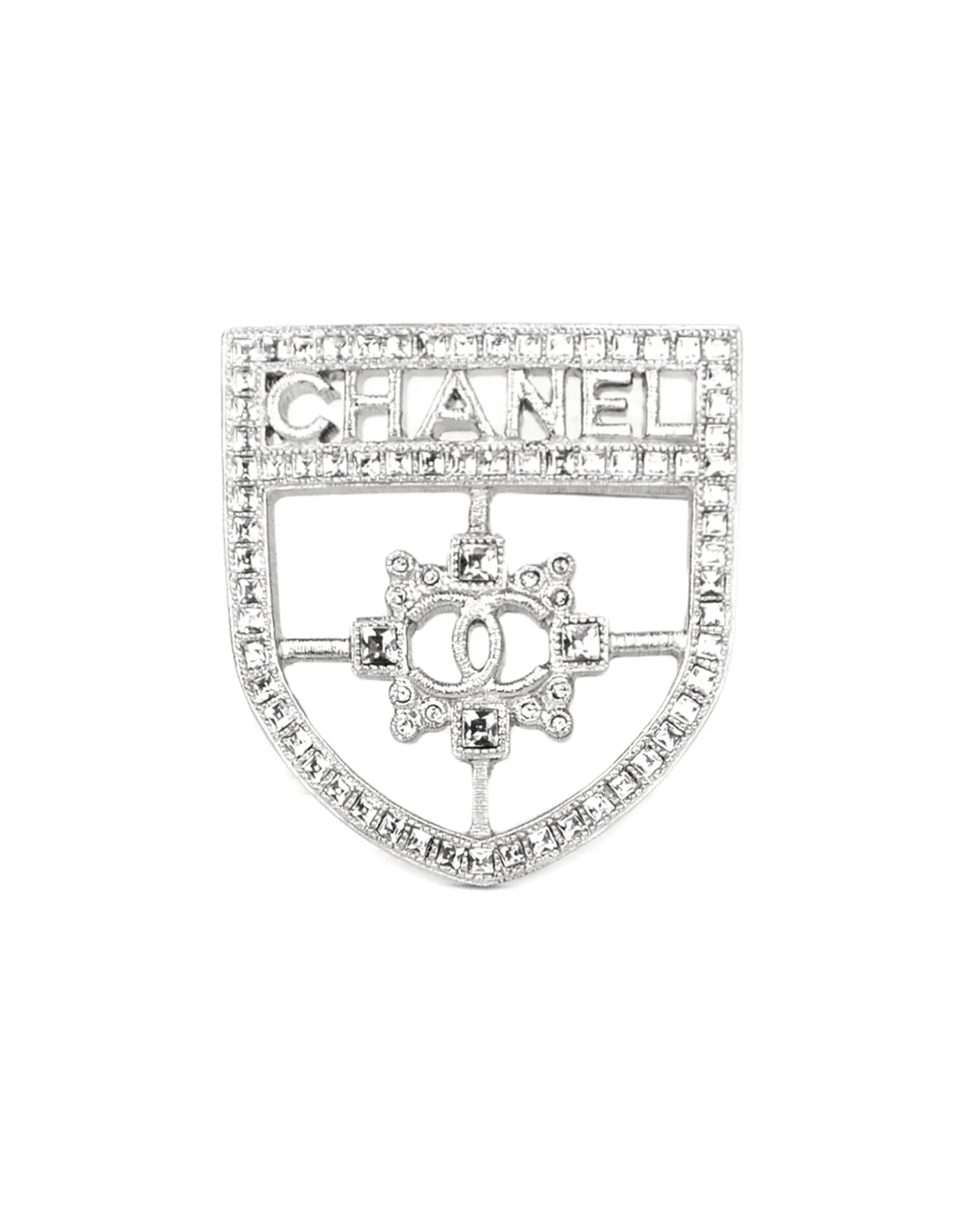 Chanel Silver Swarovski Crystal CC Shield Brooch