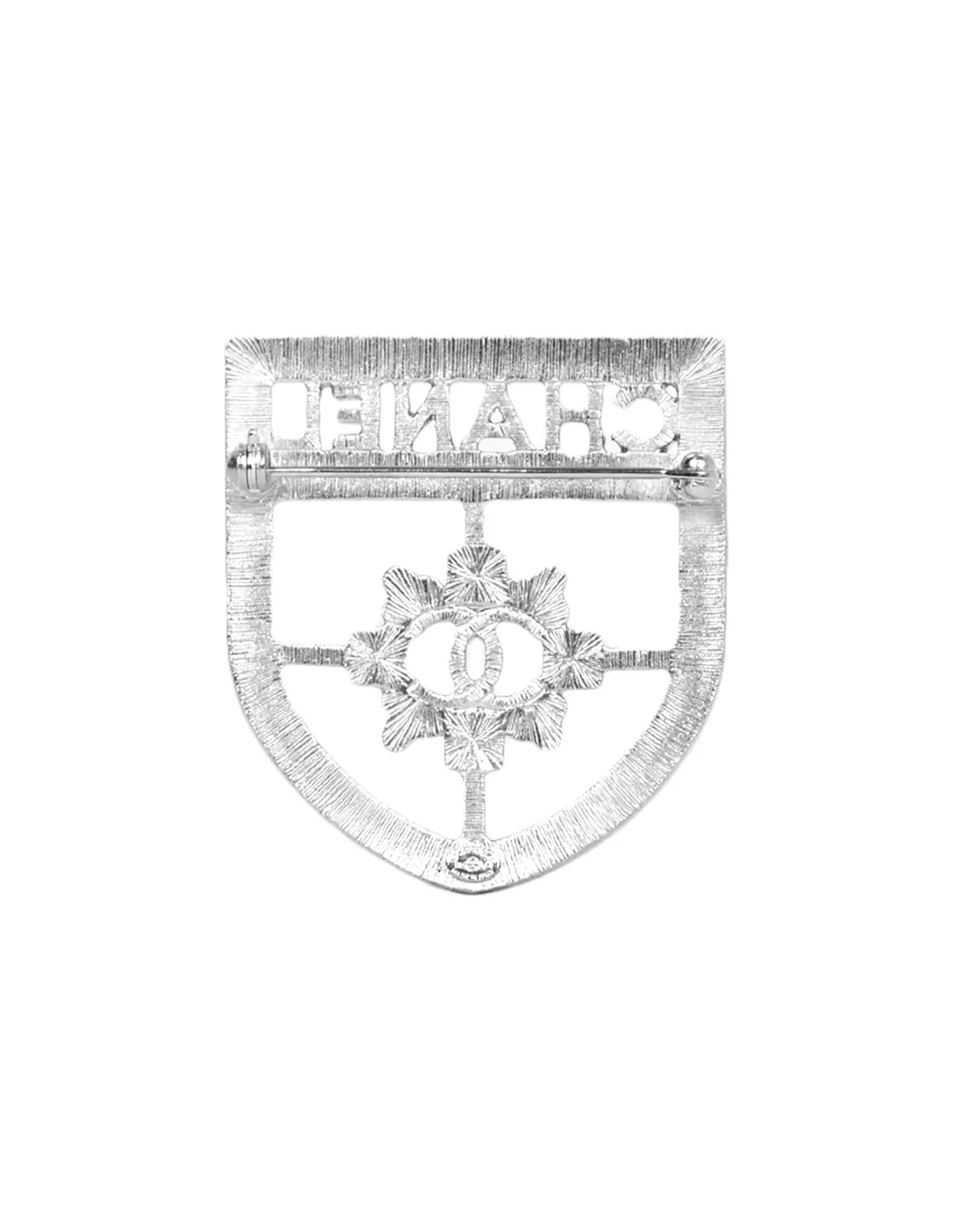 Chanel Silver Swarovski Crystal CC Shield Brooch