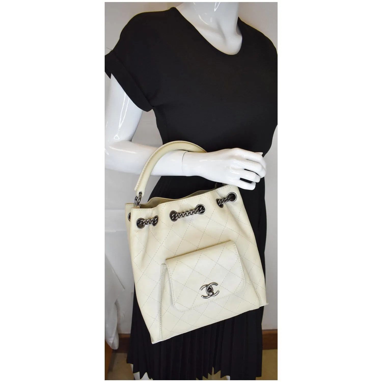CHANEL Urban Luxury Drawstring Calfskin Stitched Backpack Bag Ivory - 15% OFF