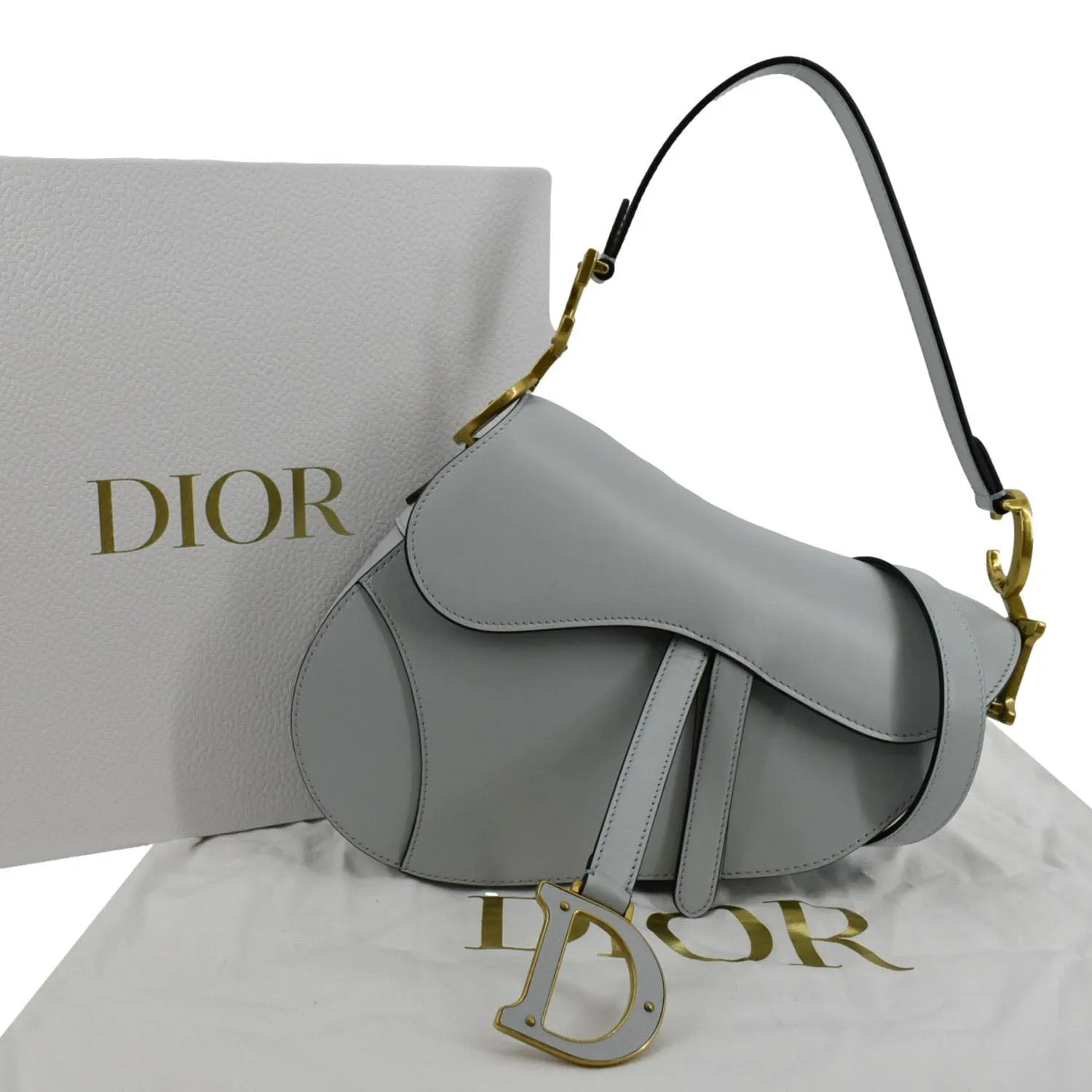 CHRISTIAN DIOR Saddle Smooth Calfskin Leather Satchel Shoulder Bag Placid Blue