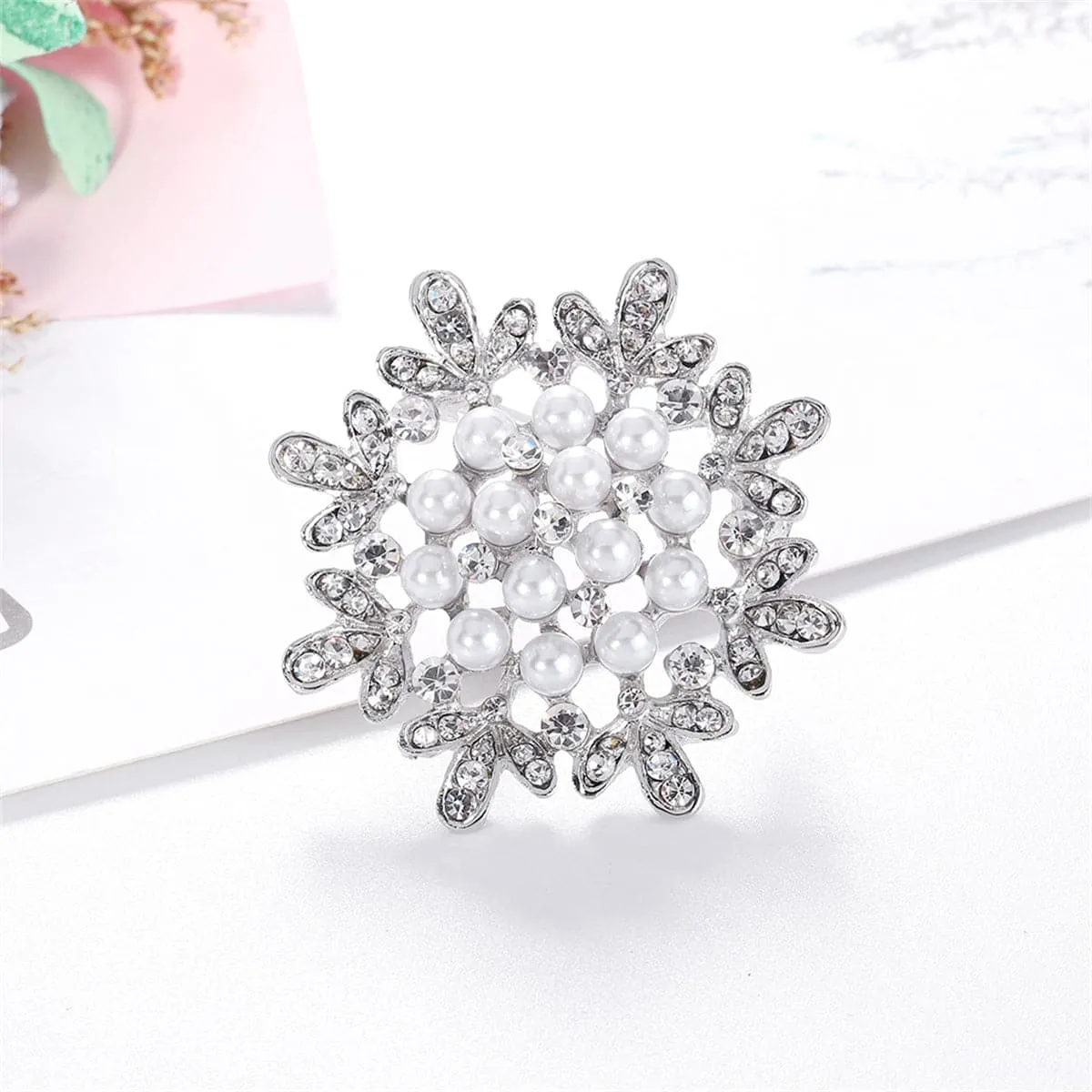 Clear Cubic Zirconia & Pearl Silver-Plated Flower Brooch