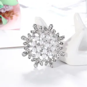 Clear Cubic Zirconia & Pearl Silver-Plated Flower Brooch
