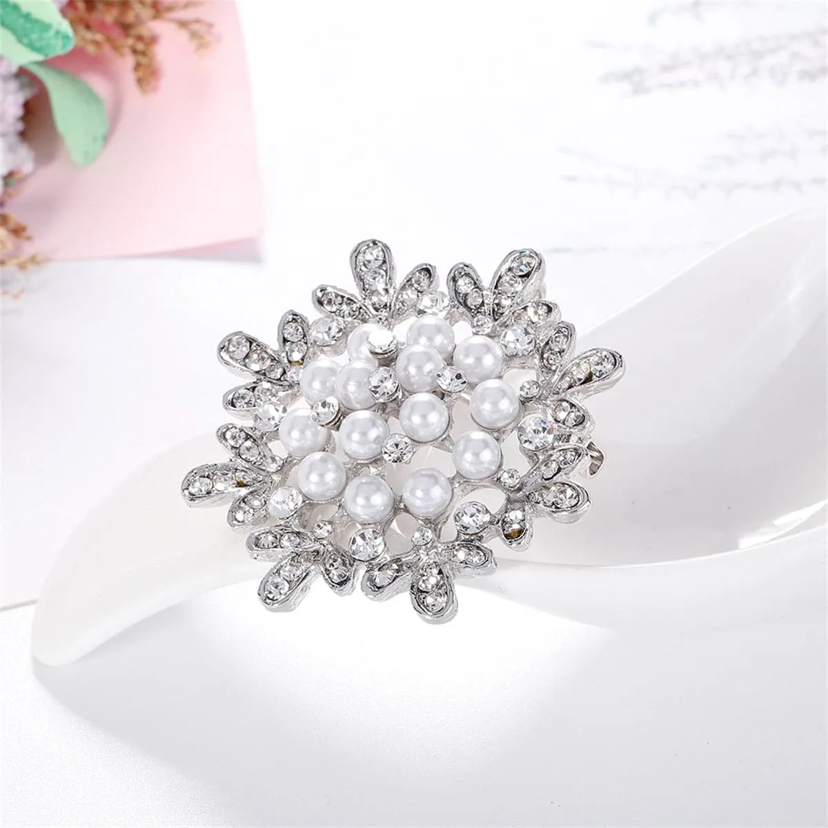 Clear Cubic Zirconia & Pearl Silver-Plated Flower Brooch
