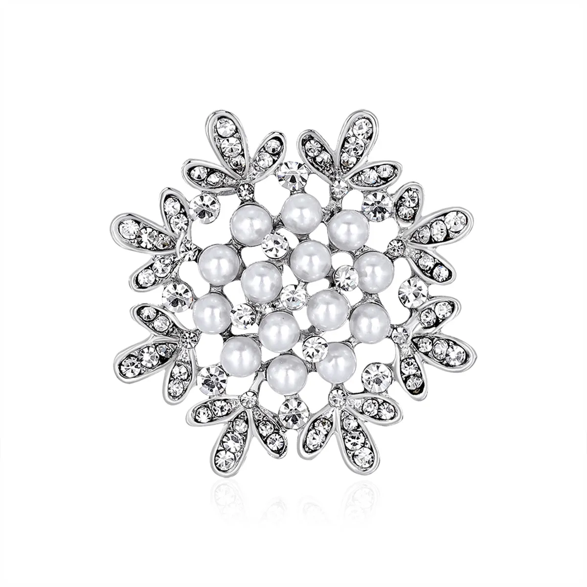 Clear Cubic Zirconia & Pearl Silver-Plated Flower Brooch