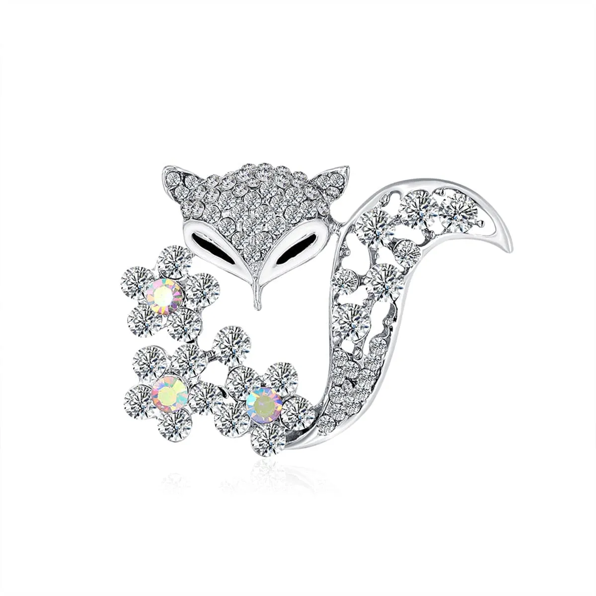 Clear Cubic Zirconia & Silver-Plated Floral Fox Brooch