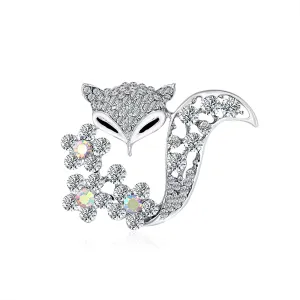 Clear Cubic Zirconia & Silver-Plated Floral Fox Brooch