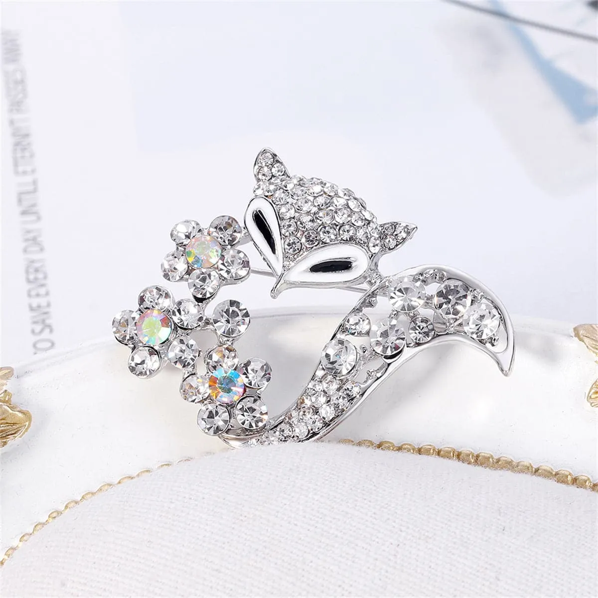 Clear Cubic Zirconia & Silver-Plated Floral Fox Brooch