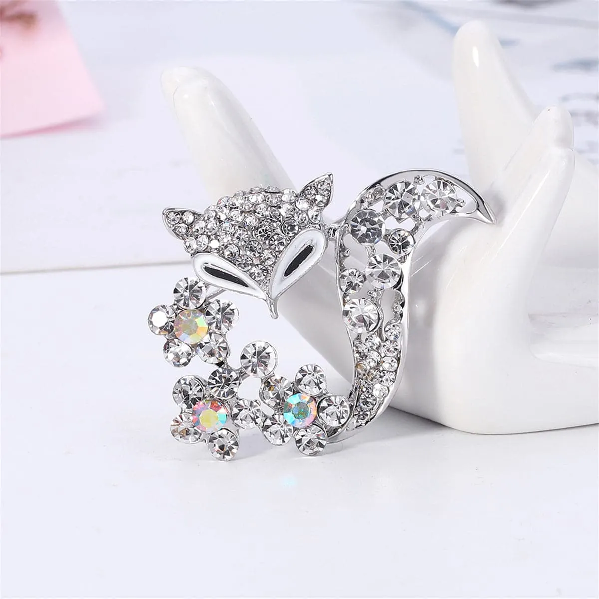 Clear Cubic Zirconia & Silver-Plated Floral Fox Brooch