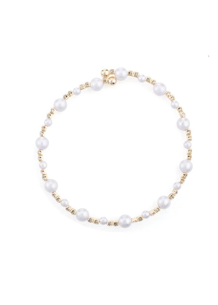 Clear CZ and Pearl Bangle Bracelet - Gold