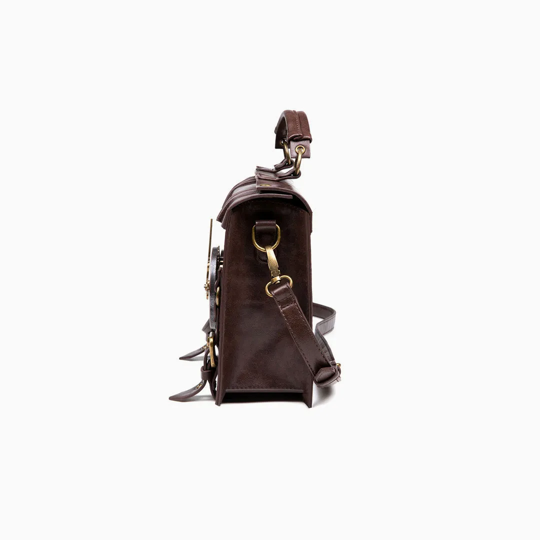 Clock Trim Button Up Crossbody Messager Bag - Coffee