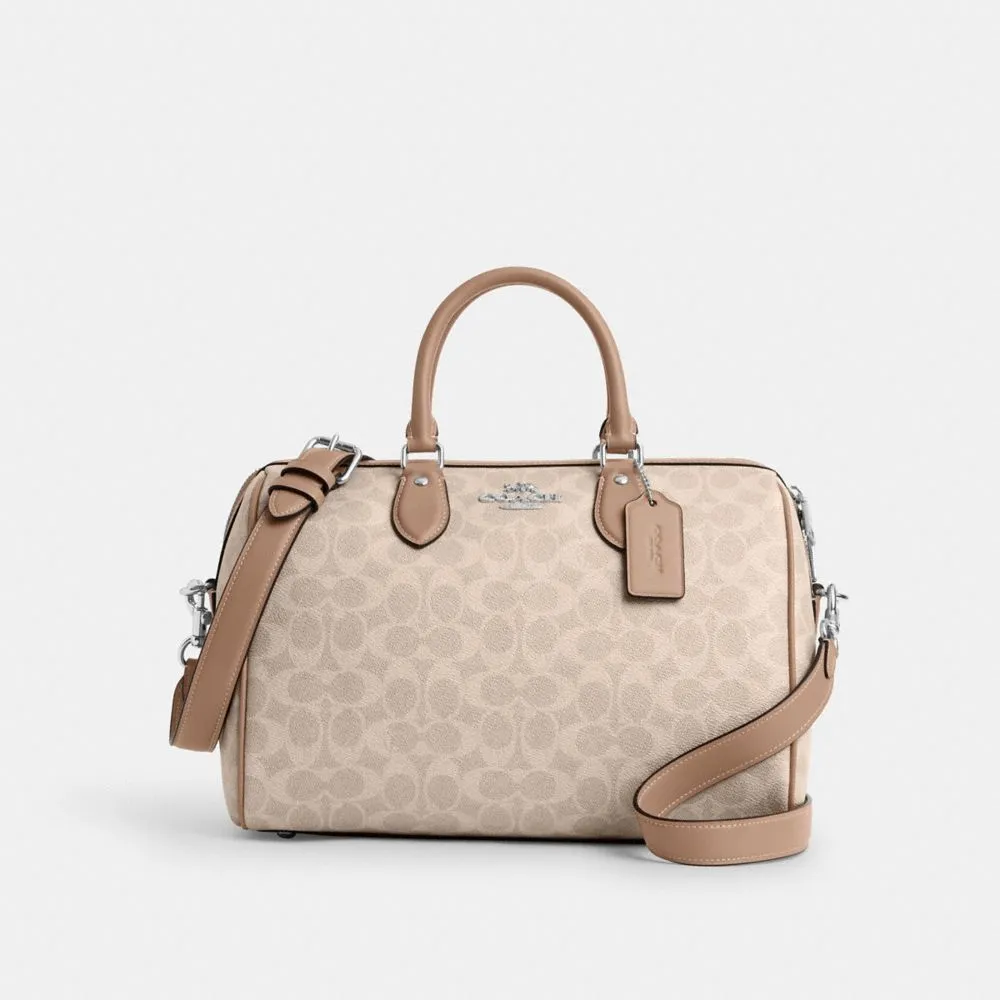 Coach Rowan Large Satchel Bag In Signature Canvas Signature Canvas-Silver-Sand-Taupe