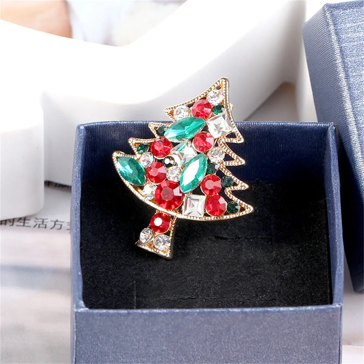 Colored Cubic Zirconia & Crystal Christmas Tree Brooch