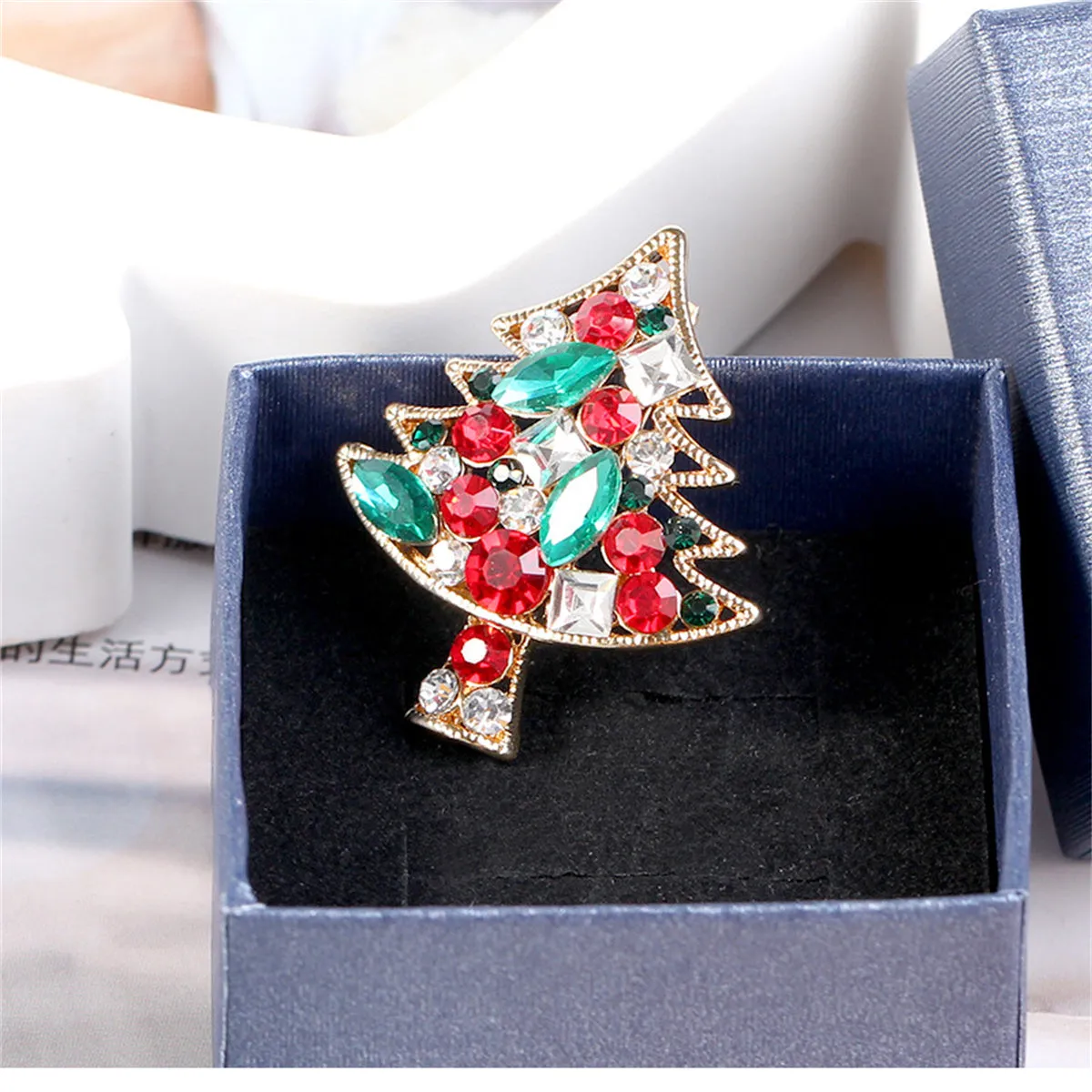 Colored Cubic Zirconia & Crystal Christmas Tree Brooch