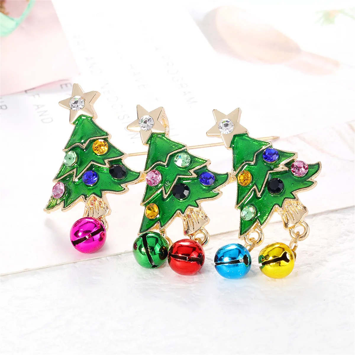 Colorful Cubic Zirconia & Green Enamel Christmas Tree Bell Brooch