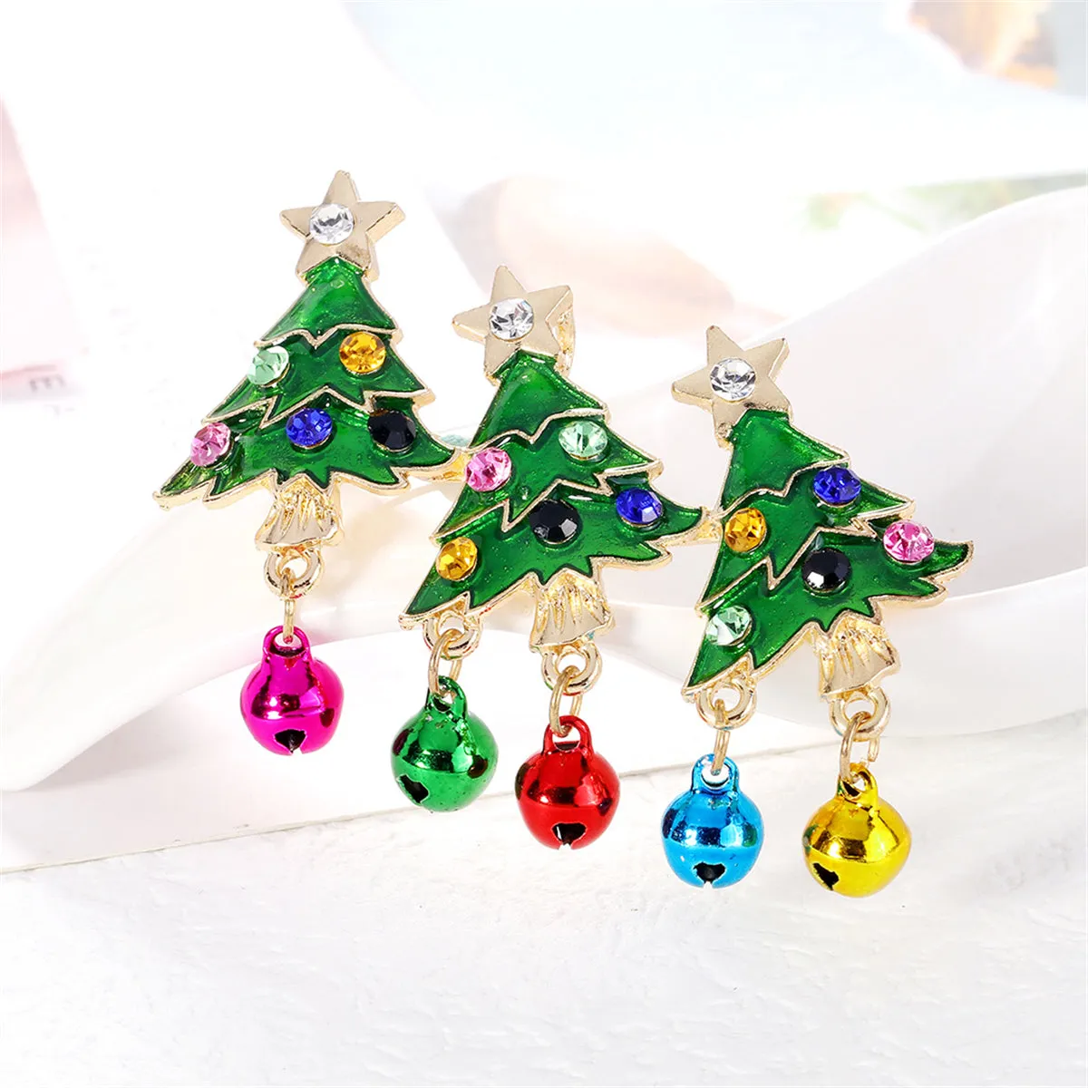 Colorful Cubic Zirconia & Green Enamel Christmas Tree Bell Brooch