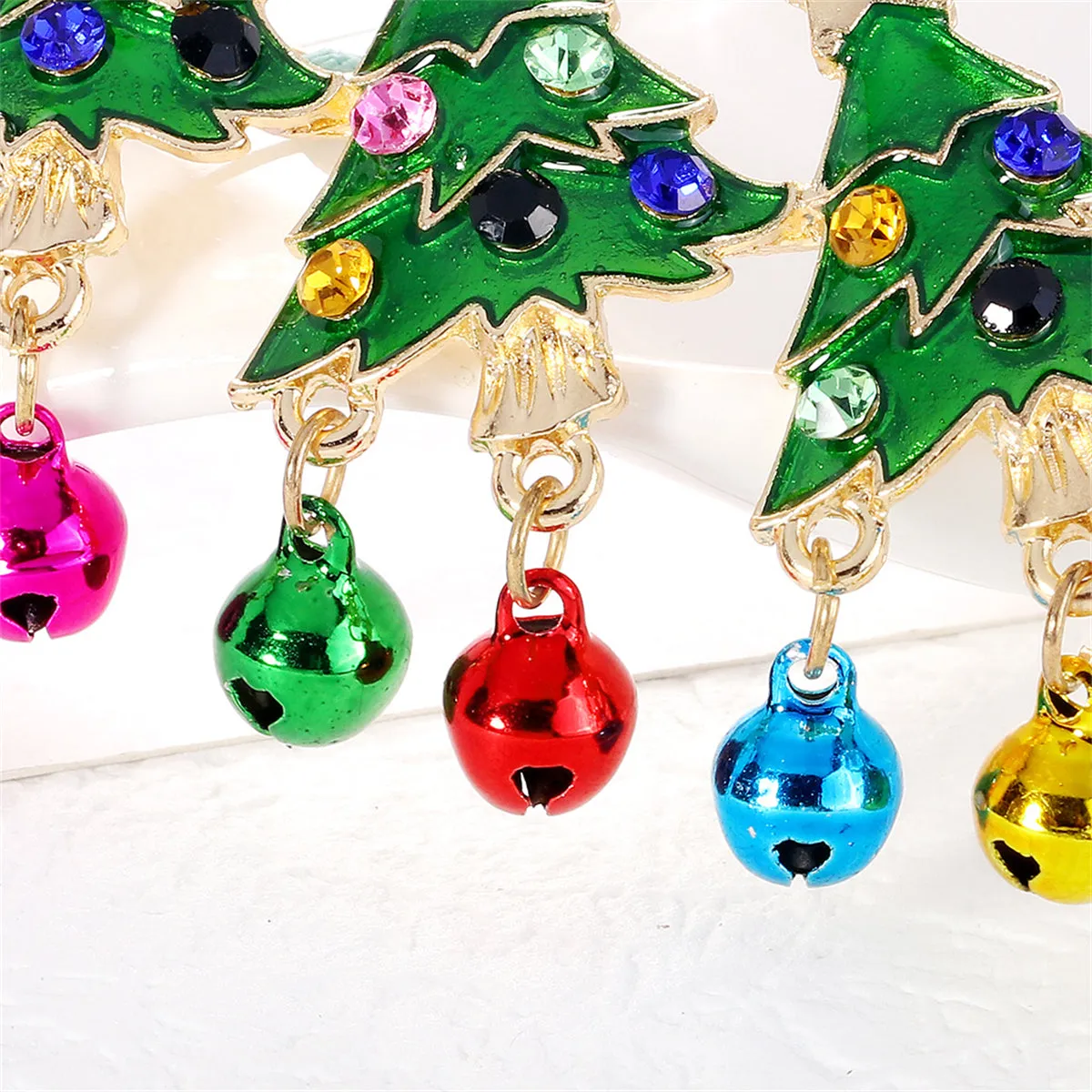 Colorful Cubic Zirconia & Green Enamel Christmas Tree Bell Brooch