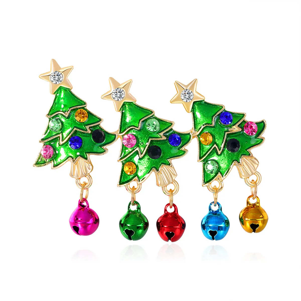 Colorful Cubic Zirconia & Green Enamel Christmas Tree Bell Brooch