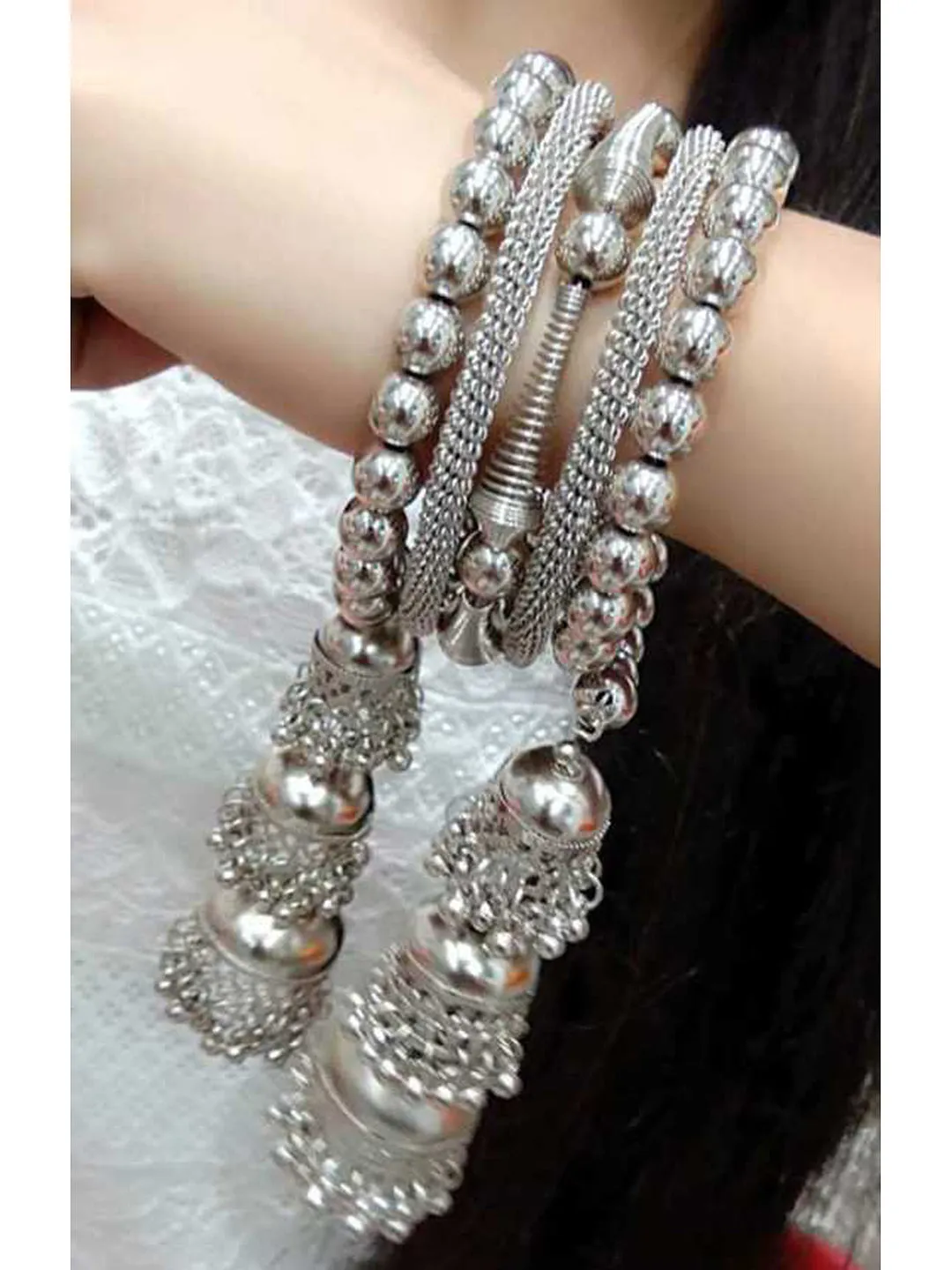 Combo of 2 Silver Bangle Bracelet with Hanging Jhumki