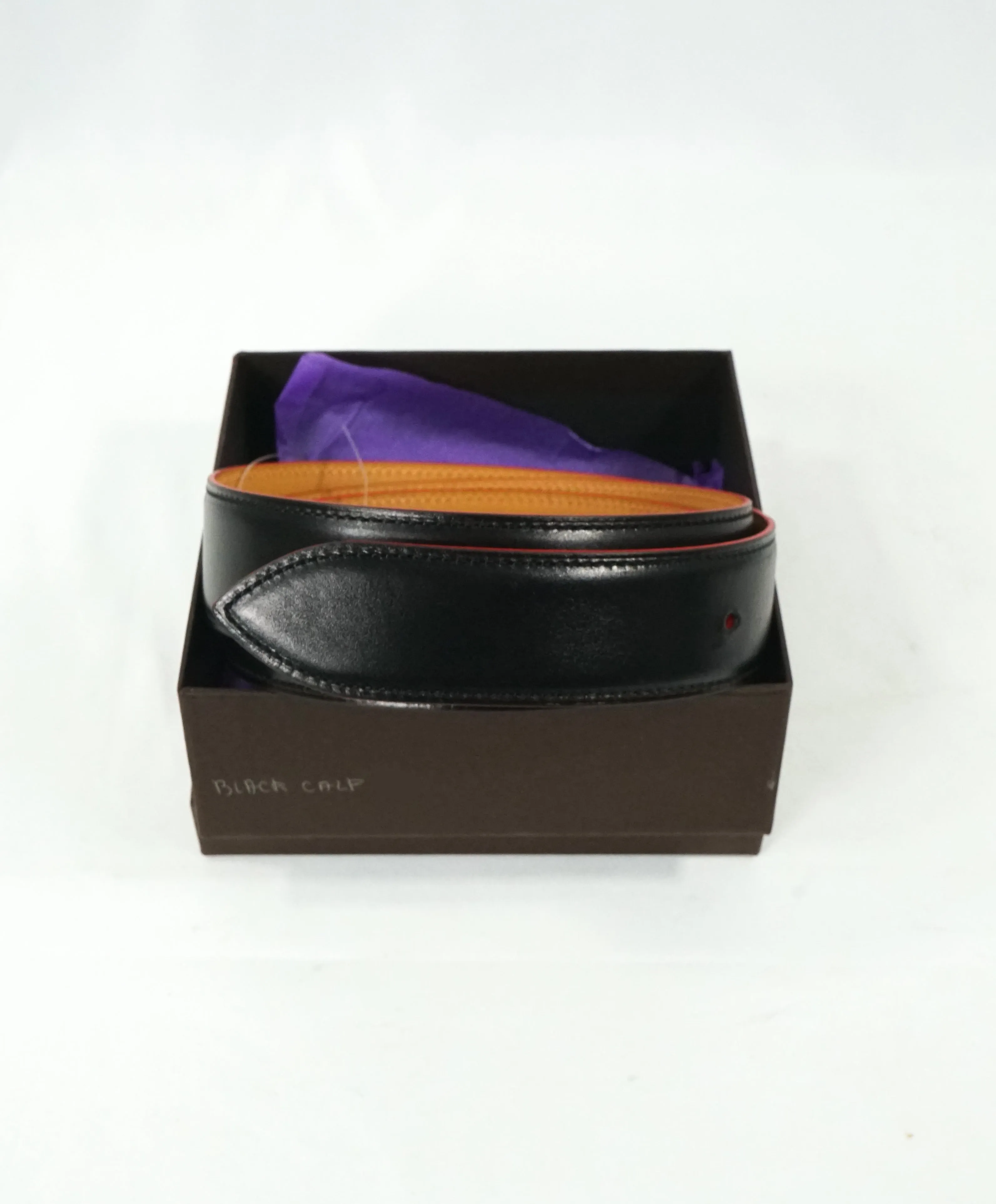CORTHAY - "ARCA" Red Trim Black Leather Belt Strap -  110CM