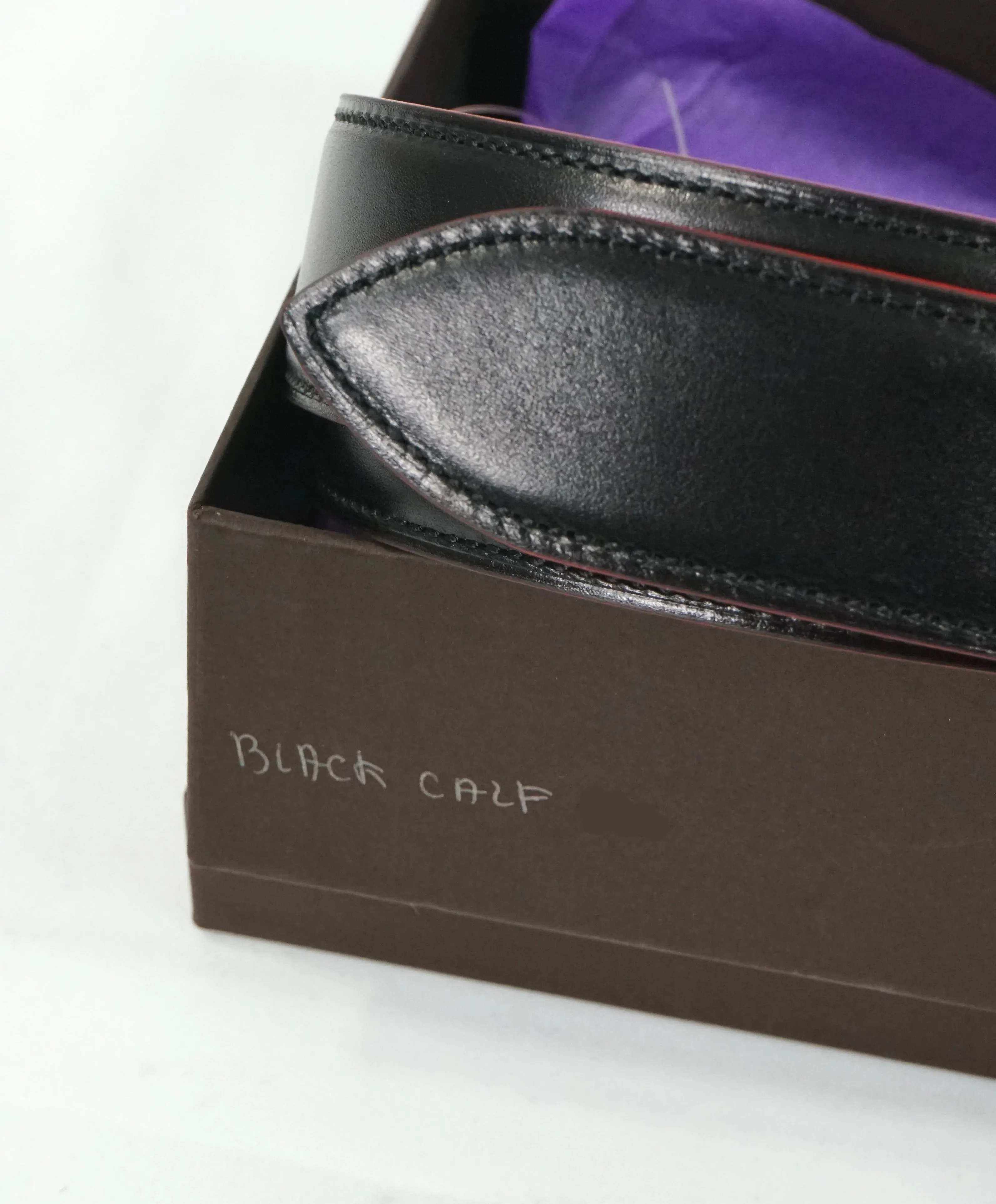 CORTHAY - "ARCA" Red Trim Black Leather Belt Strap -  110CM