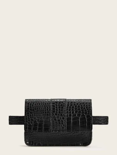 Croc Embossed Flap Fanny Pack  - Black - FD ⚡