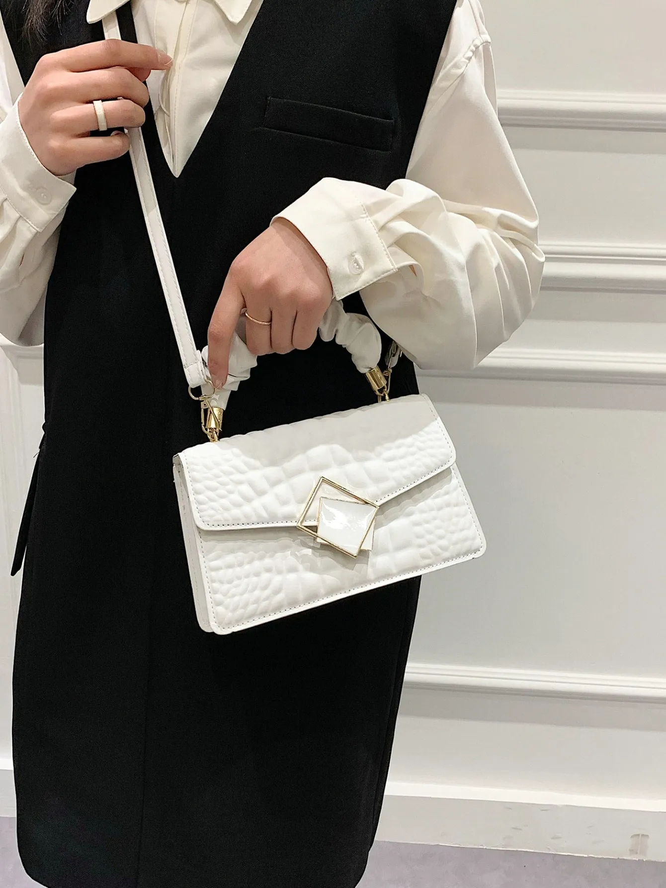 Crocodile Embossed Ruched Top Handle Flap Square Bag - White