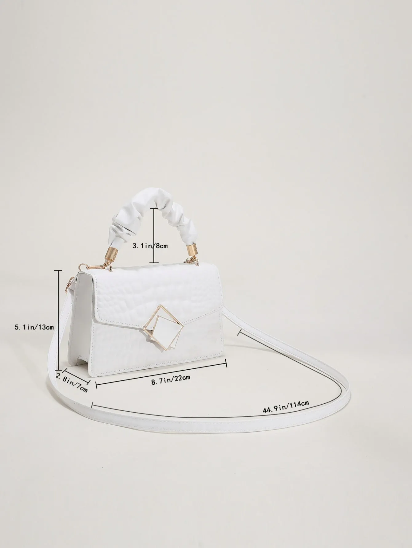 Crocodile Embossed Ruched Top Handle Flap Square Bag - White