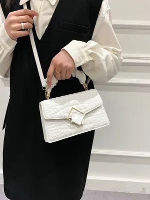 Crocodile Embossed Ruched Top Handle Flap Square Bag - White