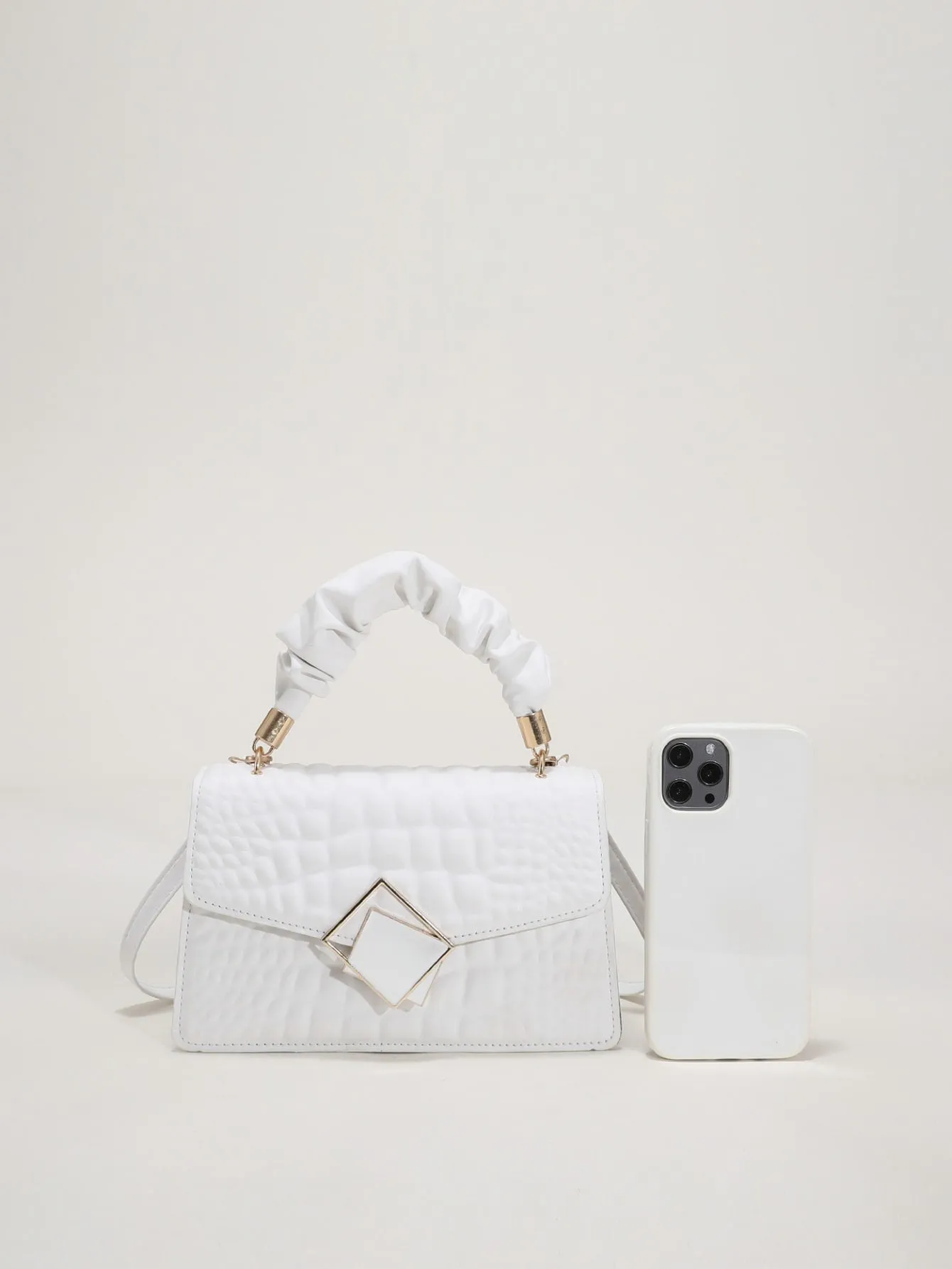 Crocodile Embossed Ruched Top Handle Flap Square Bag - White