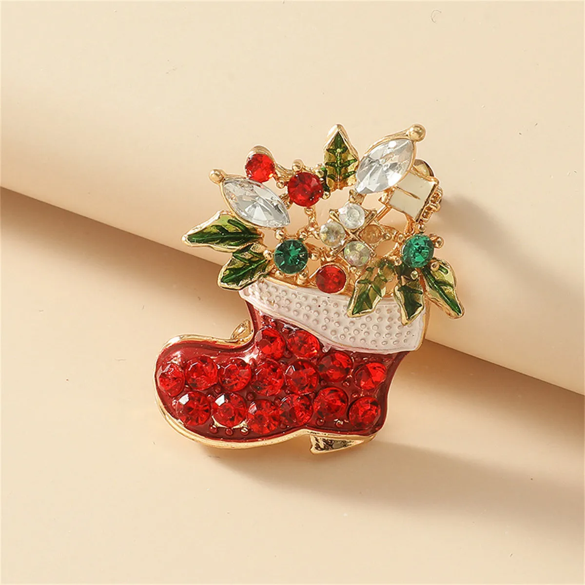 Crystal & Red Cubic Zirconia Christmas Stocking Brooch