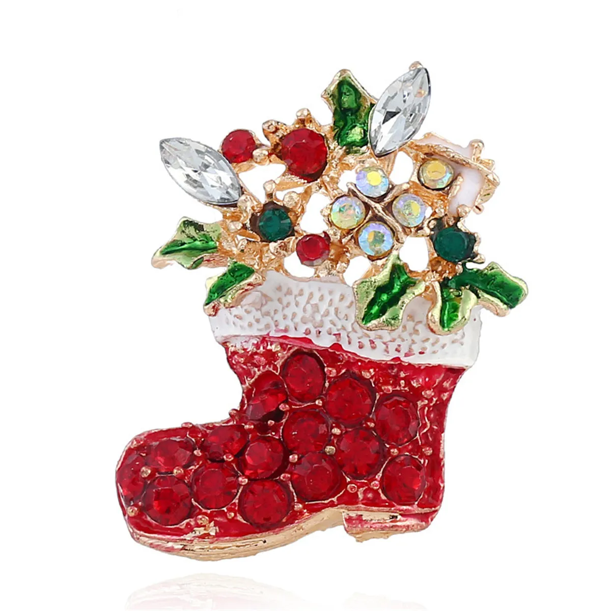 Crystal & Red Cubic Zirconia Christmas Stocking Brooch