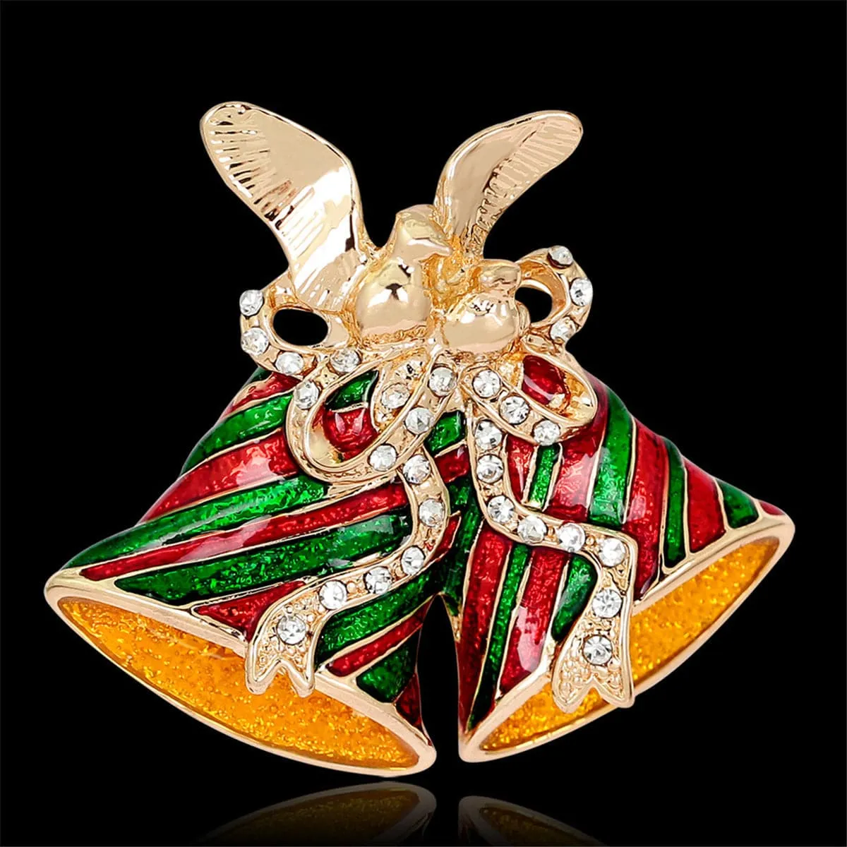 Cubic Zirconia & 18K Gold-Plated Christmas Bells Brooch