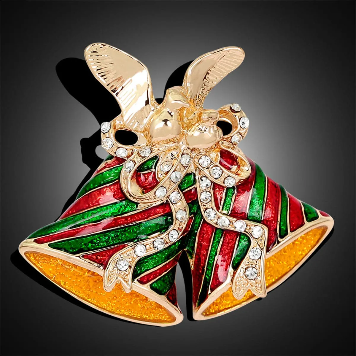 Cubic Zirconia & 18K Gold-Plated Christmas Bells Brooch