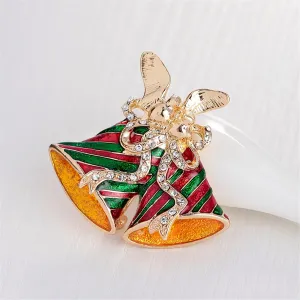 Cubic Zirconia & 18K Gold-Plated Christmas Bells Brooch