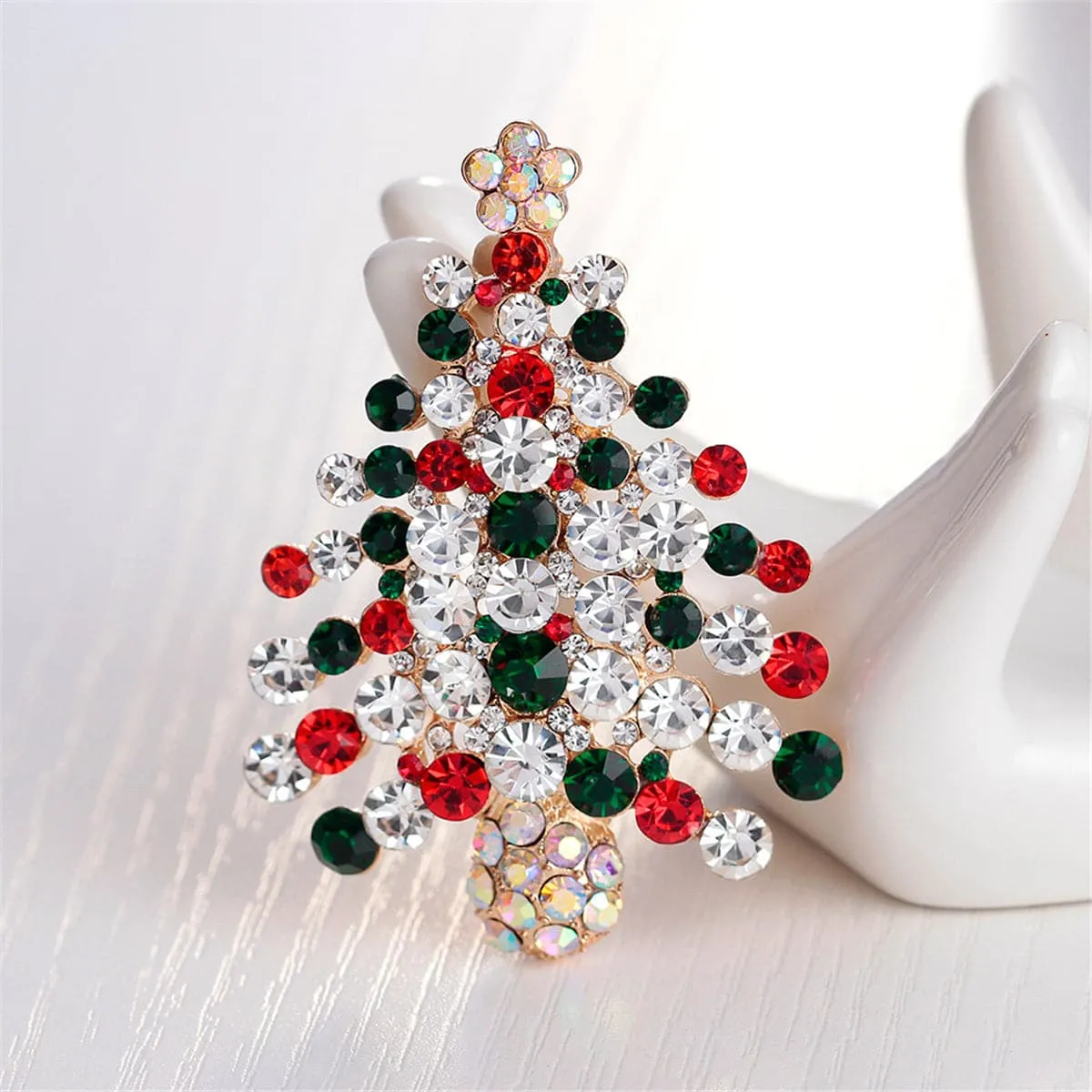 Cubic Zirconia & 18K Gold-Plated Christmas Tree Brooch