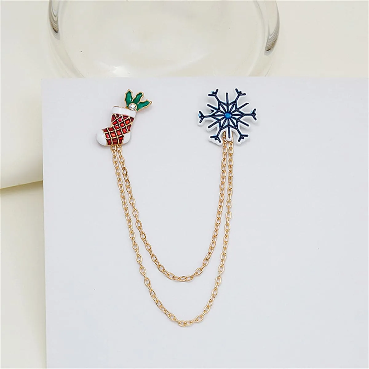 Cubic Zirconia & Blue Snowflake Stocking Chain Brooch