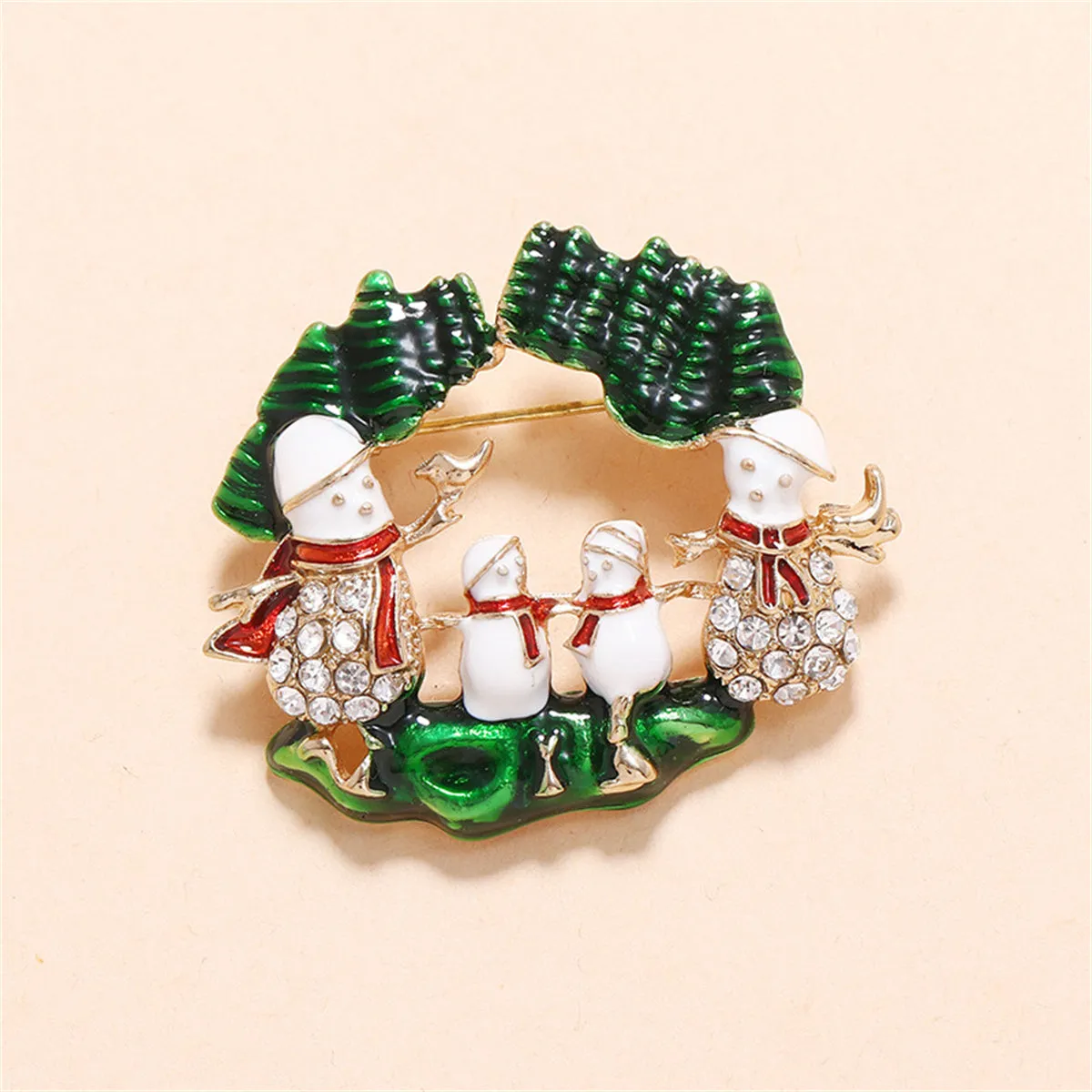 Cubic Zirconia & Green Snowman Family Brooch