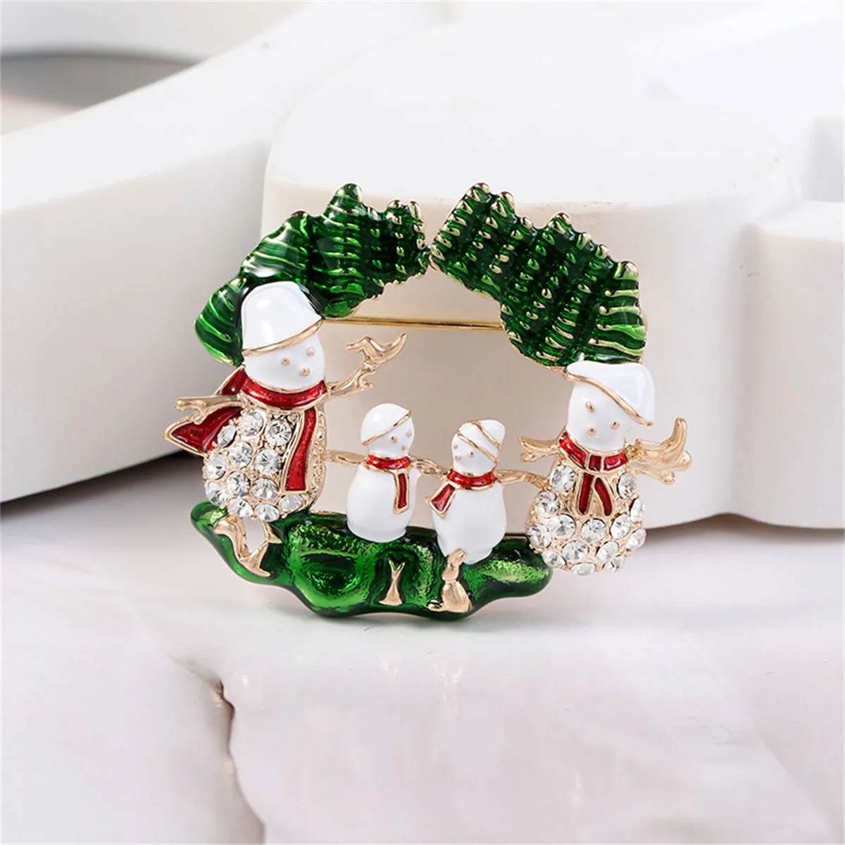 Cubic Zirconia & Green Snowman Family Brooch