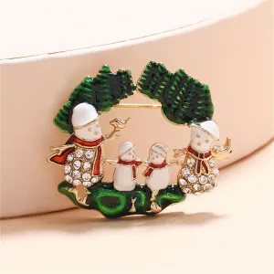 Cubic Zirconia & Green Snowman Family Brooch