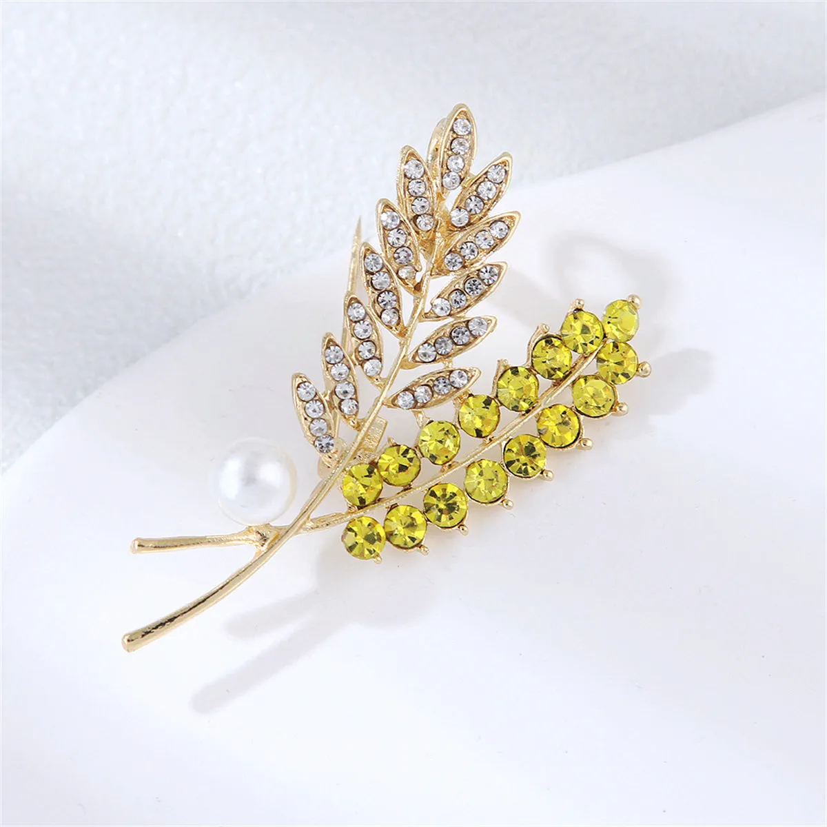 Cubic Zirconia & Pearl 18K Gold-Plated Wheat Brooch