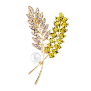 Cubic Zirconia & Pearl 18K Gold-Plated Wheat Brooch