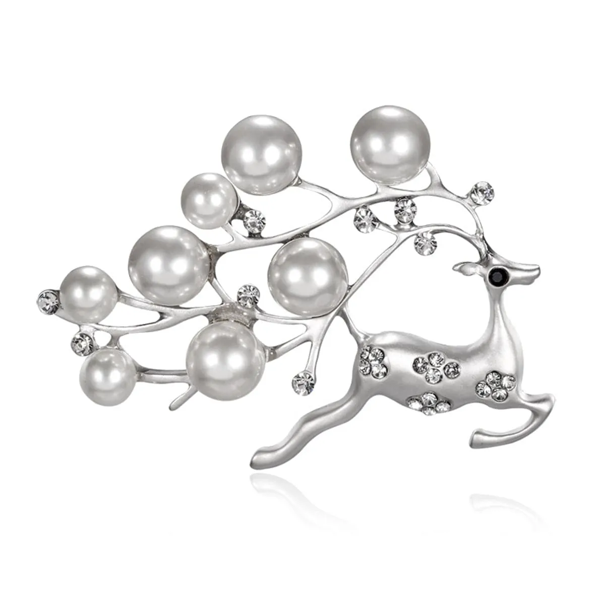 Cubic Zirconia & Pearl Dashing Reindeer Brooch