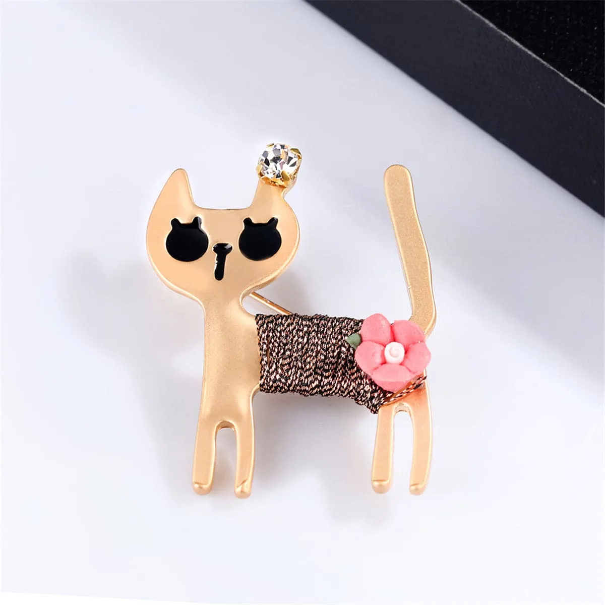 Cubic Zirconia & Resin 18K Gold-Plated Cat Brooch