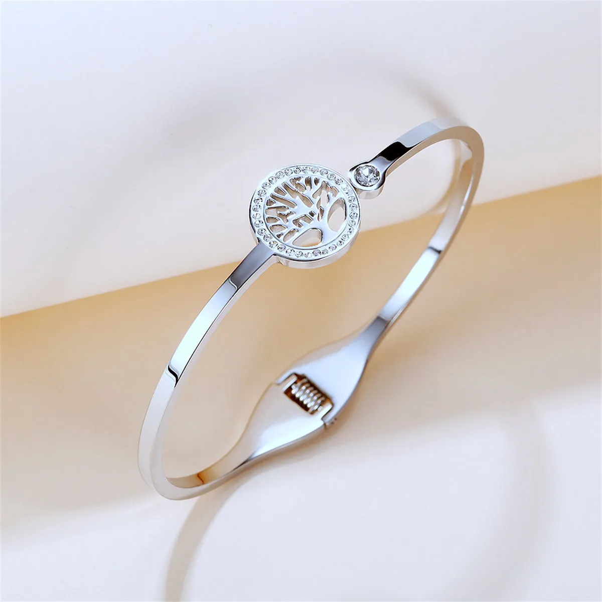 Cubic Zirconia & Silver-Plated Halo Life-Tree Hinge Bangle