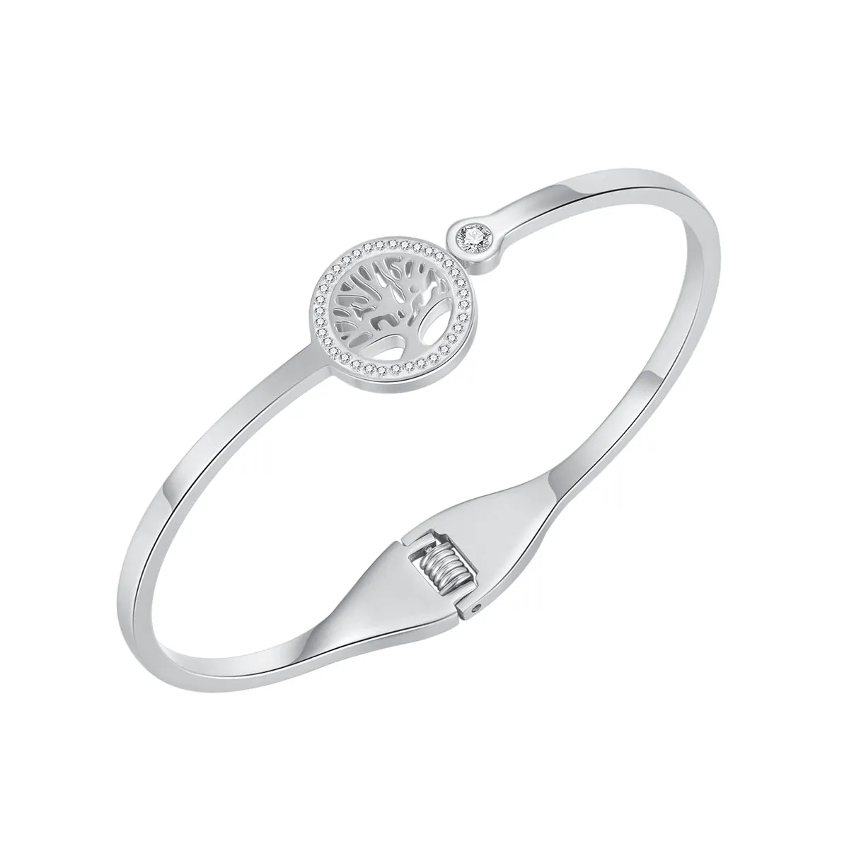 Cubic Zirconia & Silver-Plated Halo Life-Tree Hinge Bangle