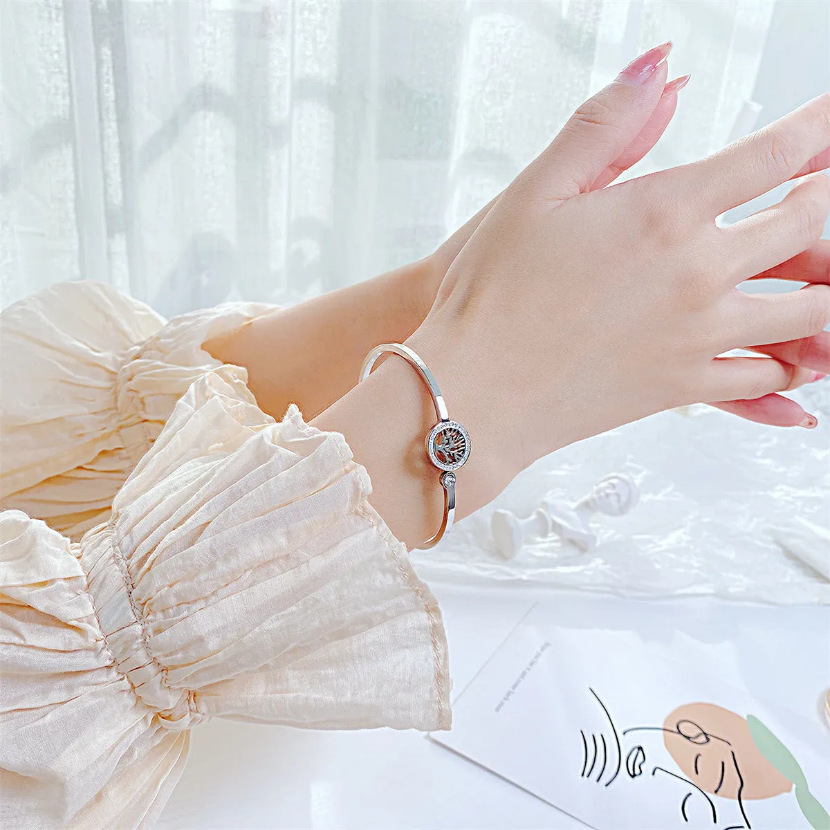 Cubic Zirconia & Silver-Plated Halo Life-Tree Hinge Bangle