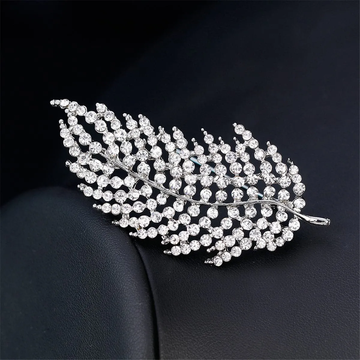 Cubic Zirconia & Silver-Plated Leaf Brooch