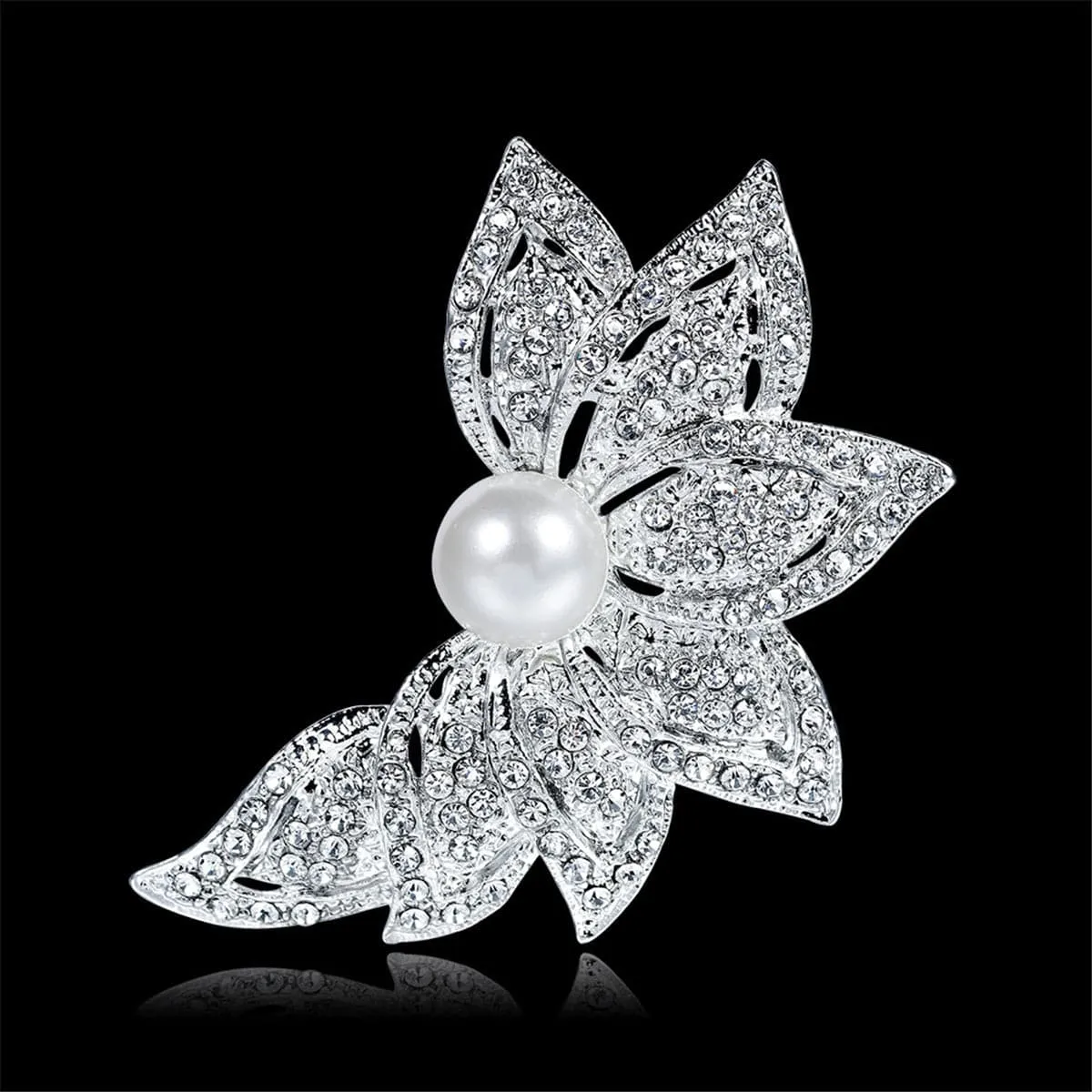 Cubic Zirconia & Silver-Plated Petal Brooch