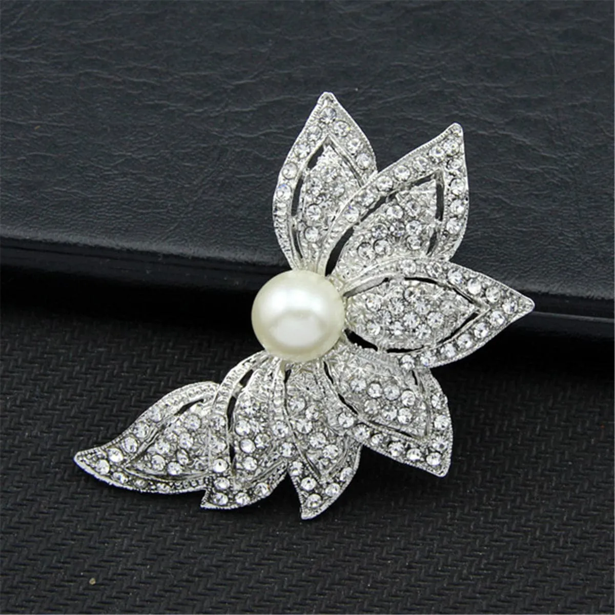 Cubic Zirconia & Silver-Plated Petal Brooch
